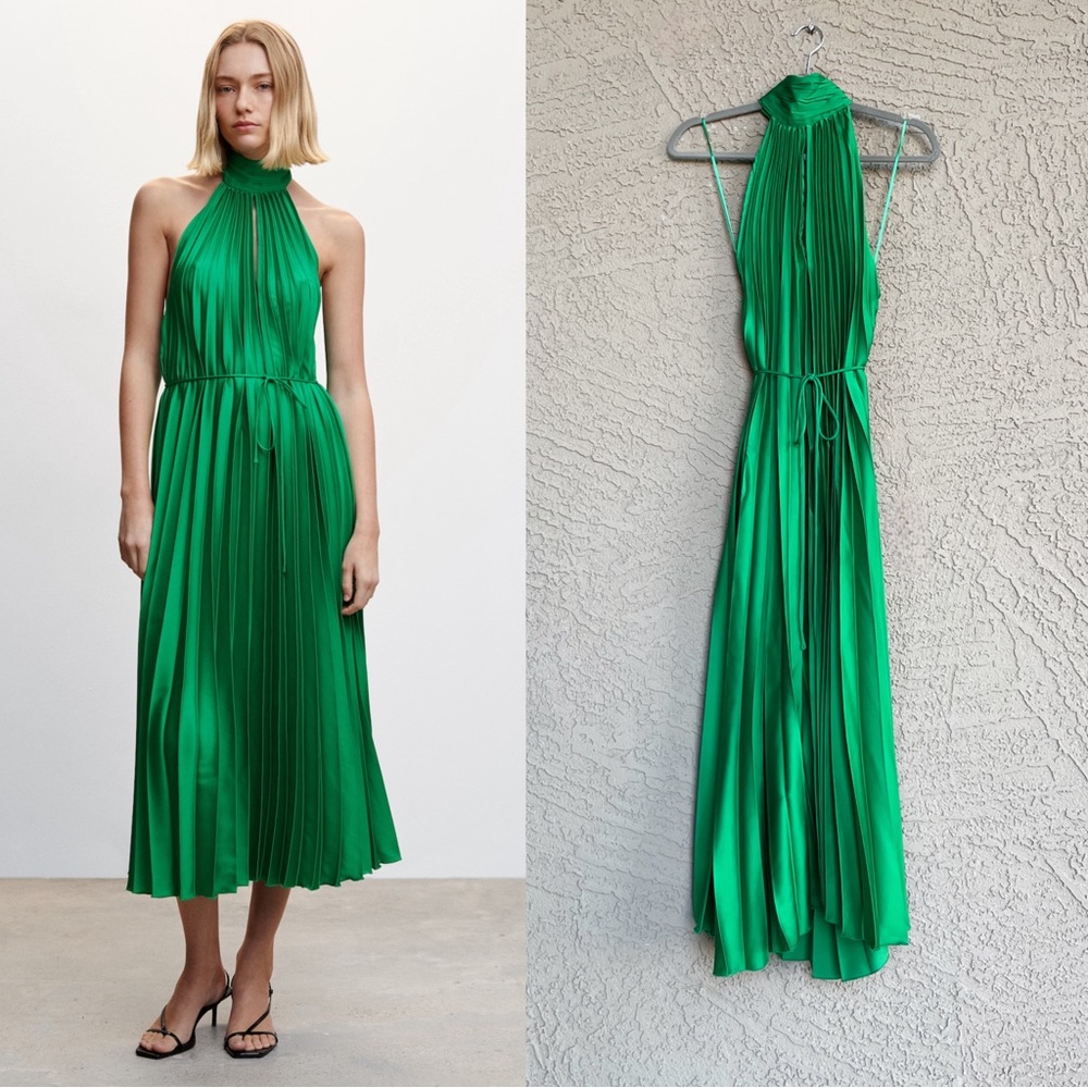 MANGO NWT BLOGGER FAVE Green Pleated Tie Neck Halter Midi Dress Sz 8 - Picture 12 of 17